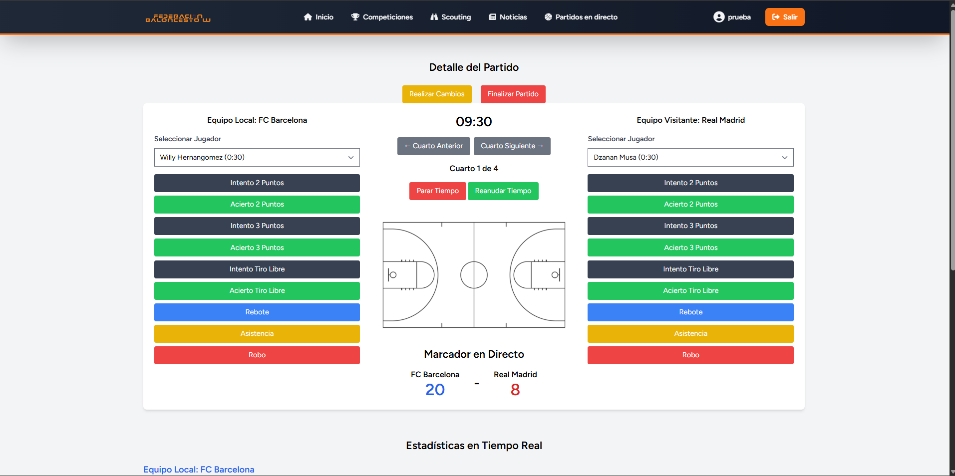 Panel de control de partido en directo con marcador y botones de acción
