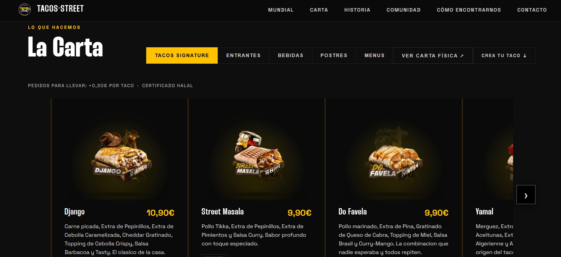 Sección de productos de la carta de Tacos Street